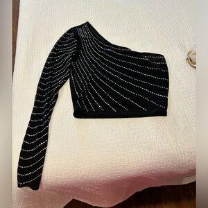 Black One-Shoulder Top with Silver Accents